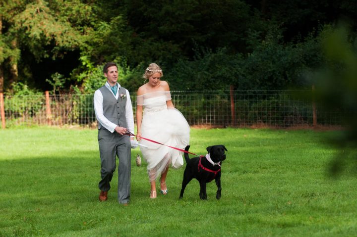 Bride & groom walking their dog at their wedding at Pipewell Hall in Northampton