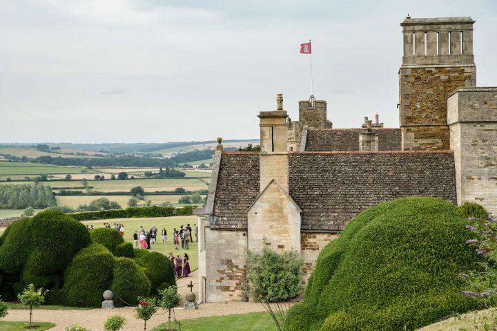 An aerial view of a drinks reception on the lawn at Rockingham Castle taken from The Lookout