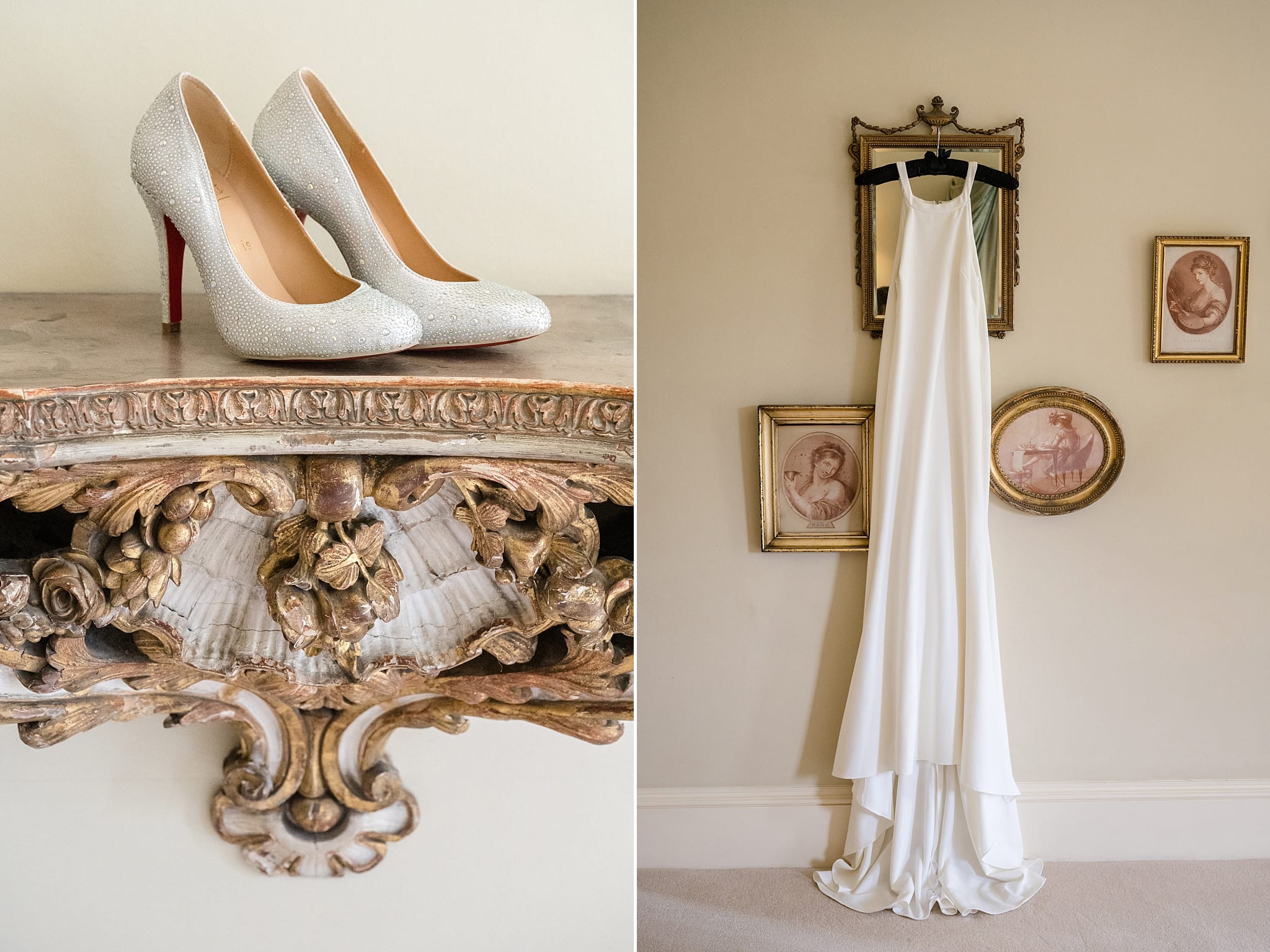 Bride's dress hanging in the bridal suite at Sutton Bonington Hall surrounded by sepia photos in gold frames