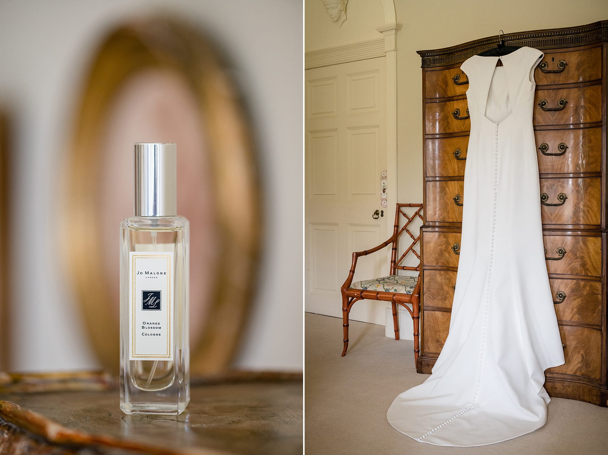 Bride's dress hanging on a tall chest of drawers in the bridal suite at Sutton Bonington Hall