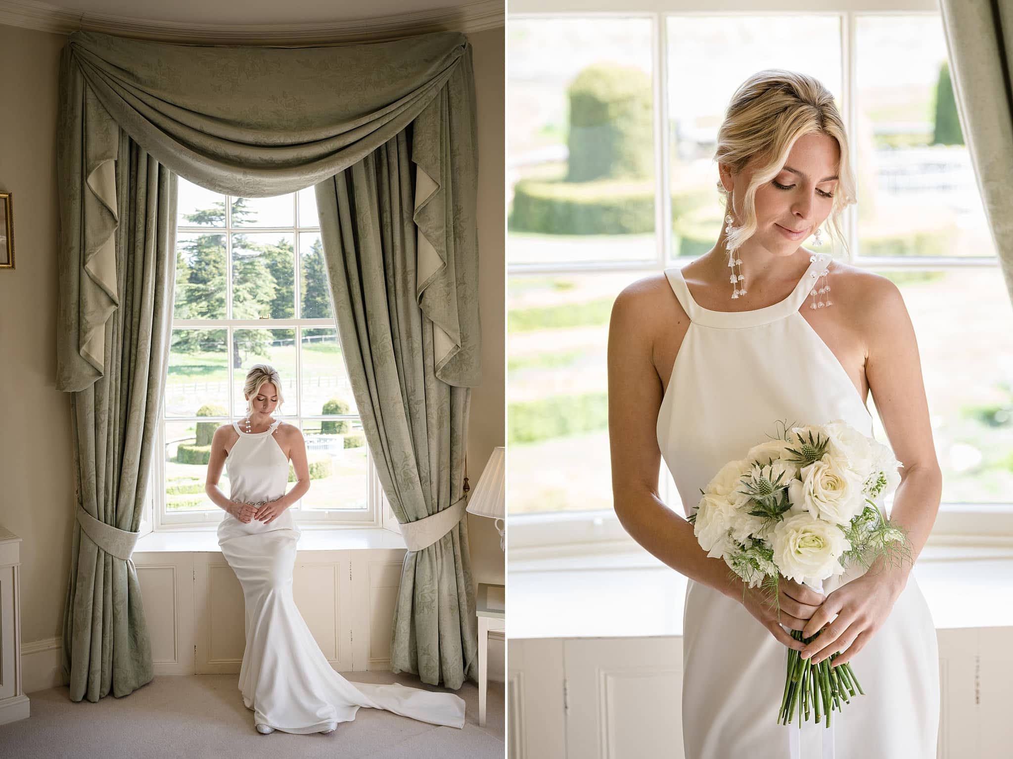 Portrait of the bride sat in a bay window in the bridal suite at Sutton Bonington Hall