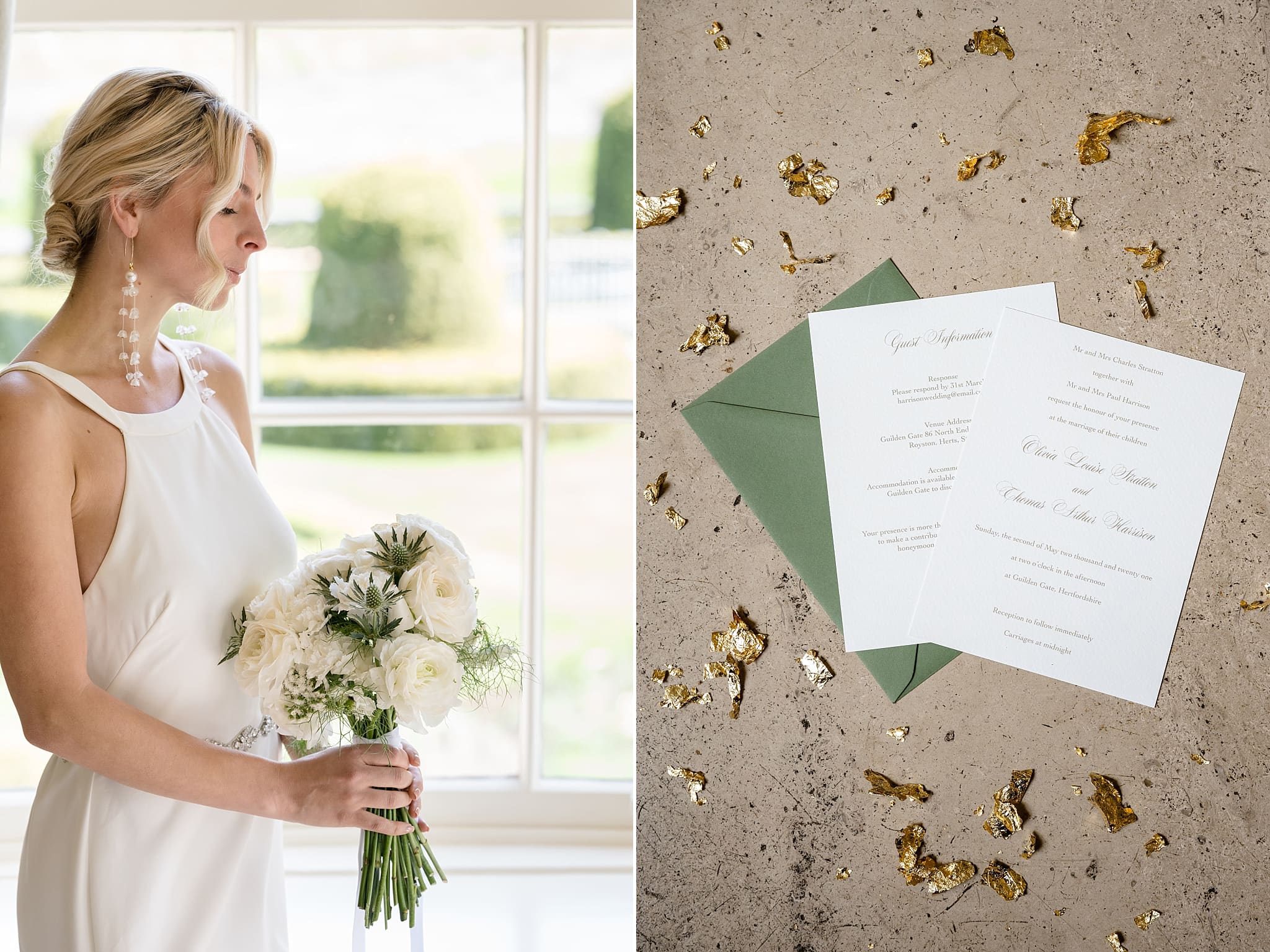 Simple green and white wedding invitation with calligraphy lettering photographed on a stone floor