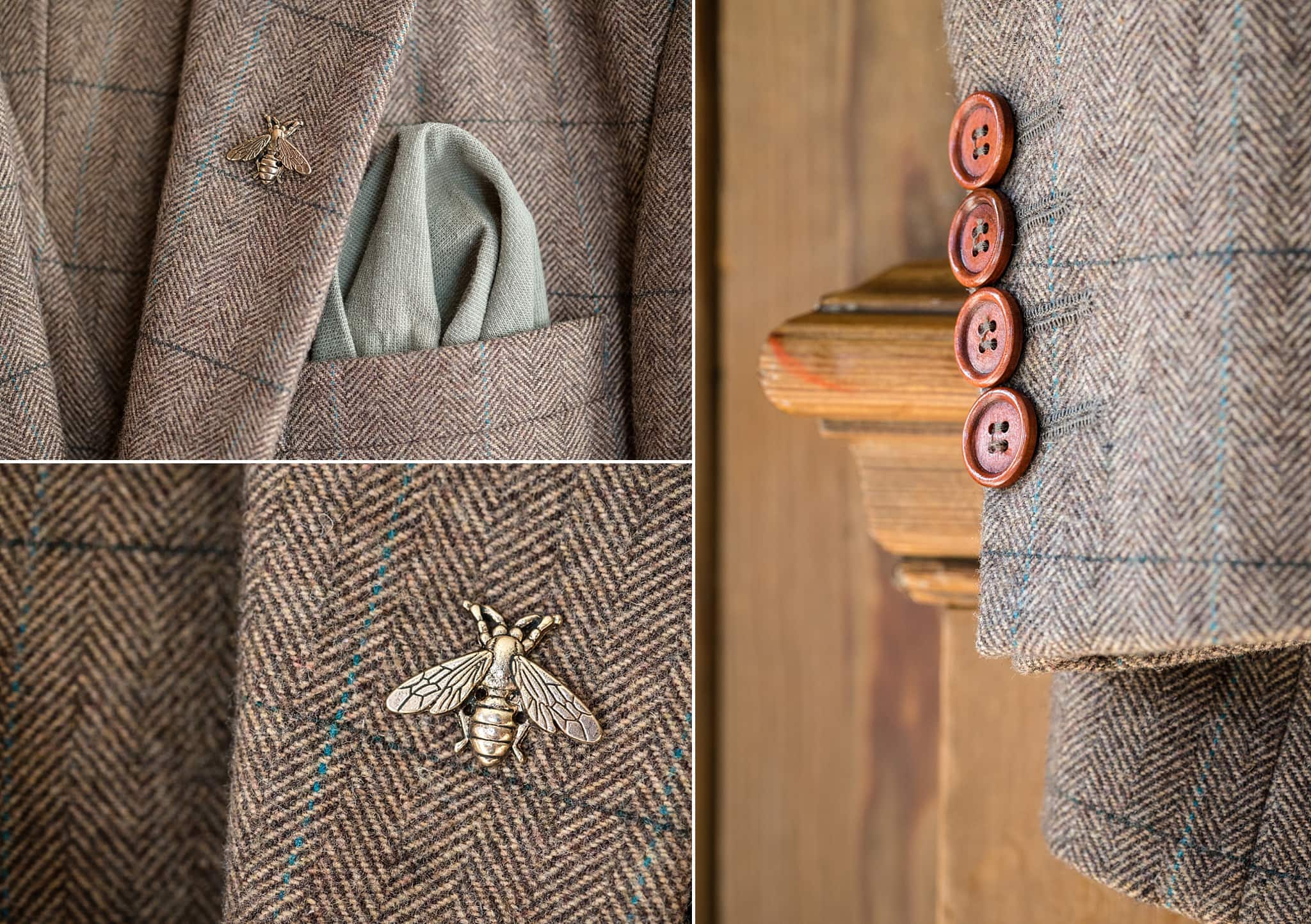 Close up shots showing button, pocket square and lapel pin details on the groom's suit
