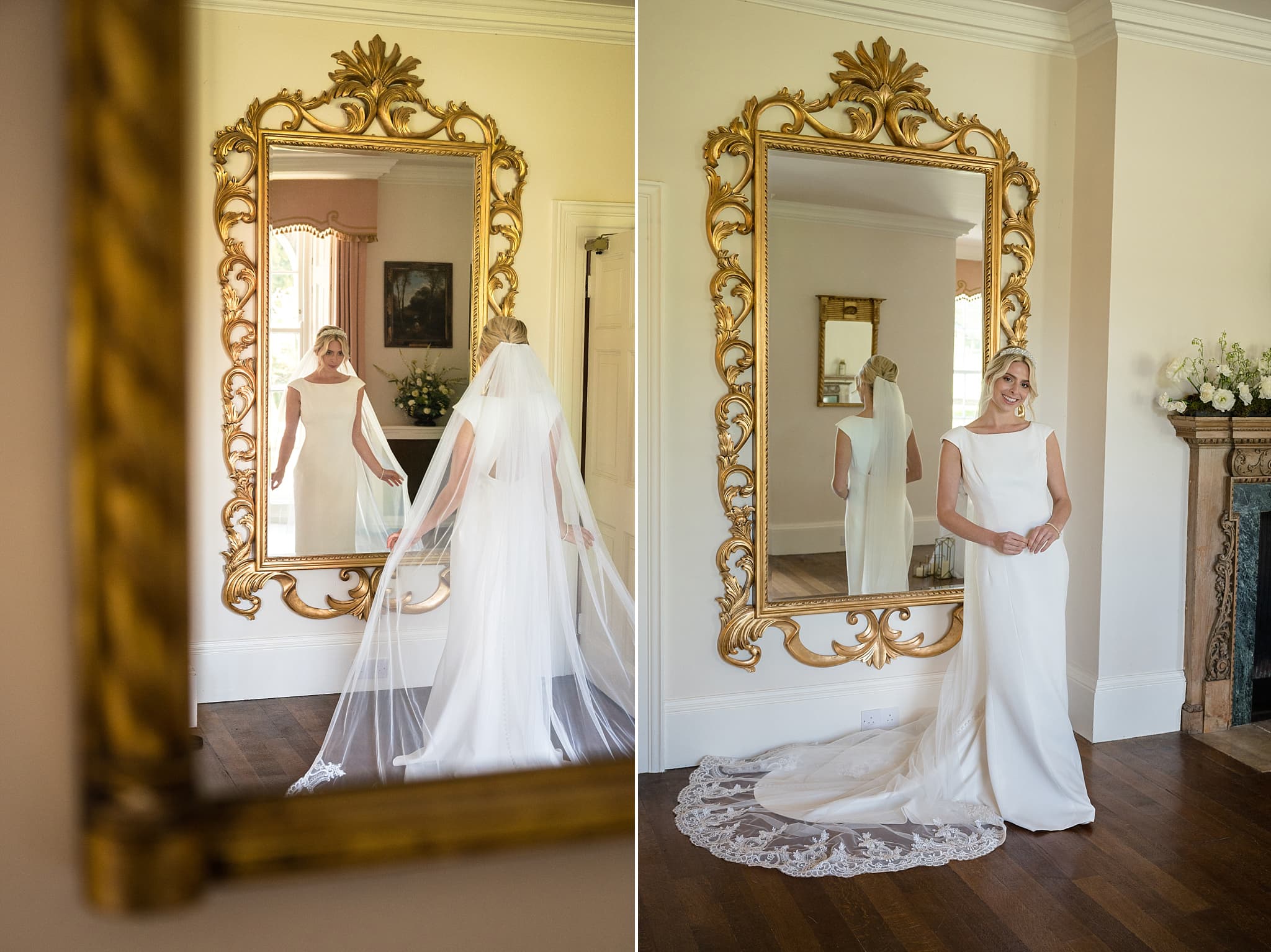Bride checking her outfit in a full length ornate gold framed mirror at Sutton Bonington Hall