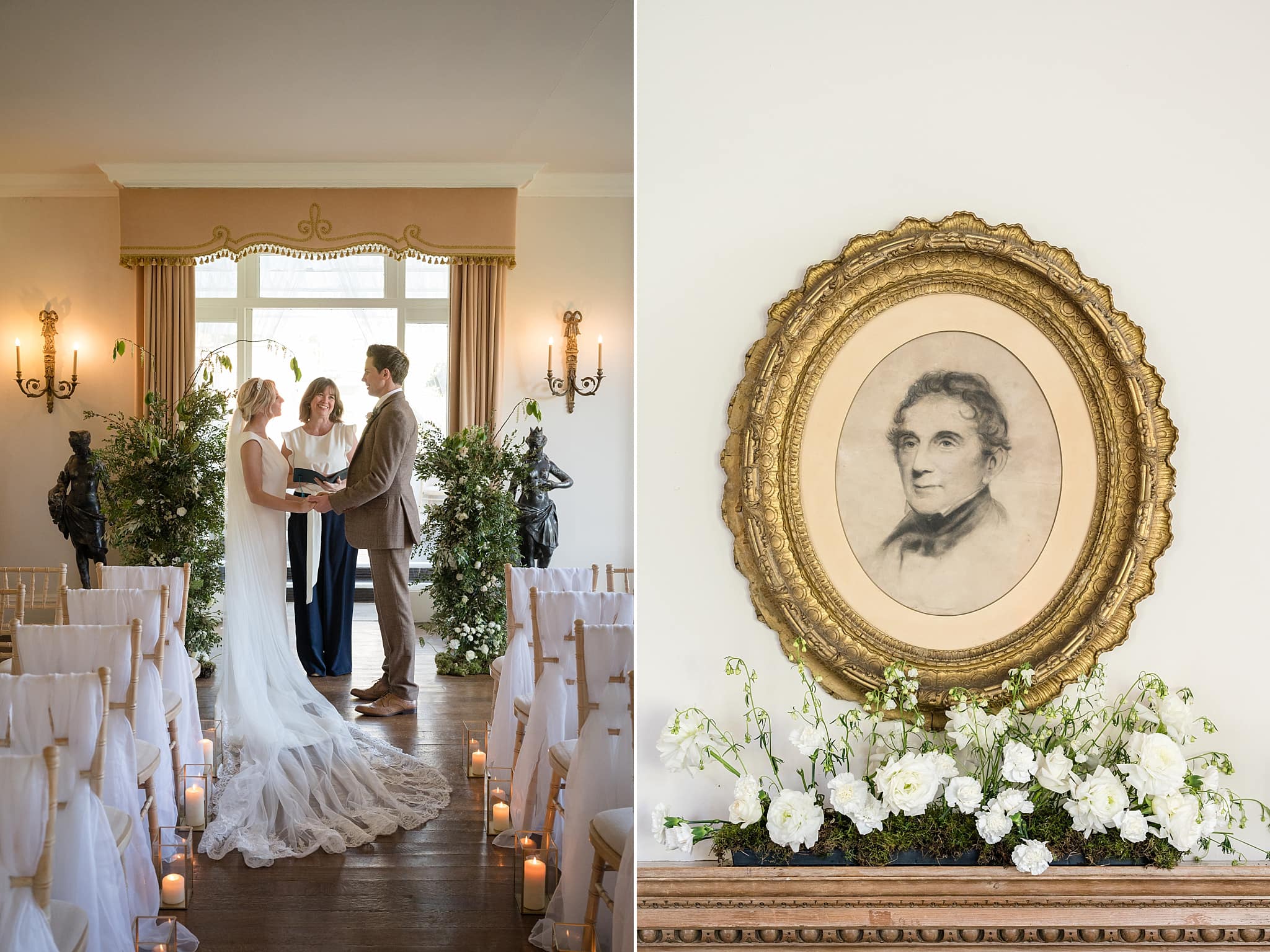 Fresh white flowers beneath a framed photo on a mantlepiece