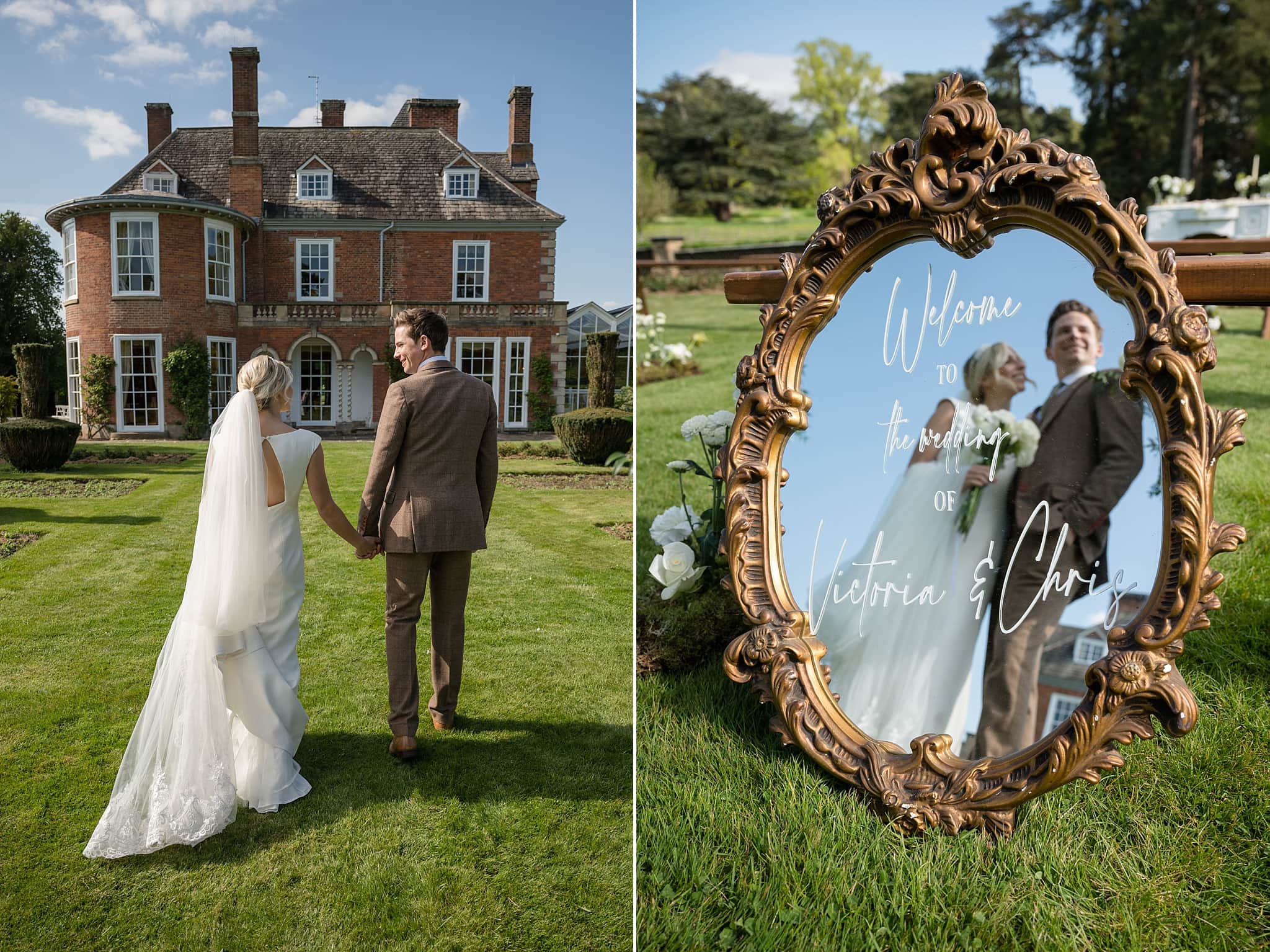 Reflection of a bride and groom in a mirror with the words 'welcome to the wedding of Victoria and Chris'