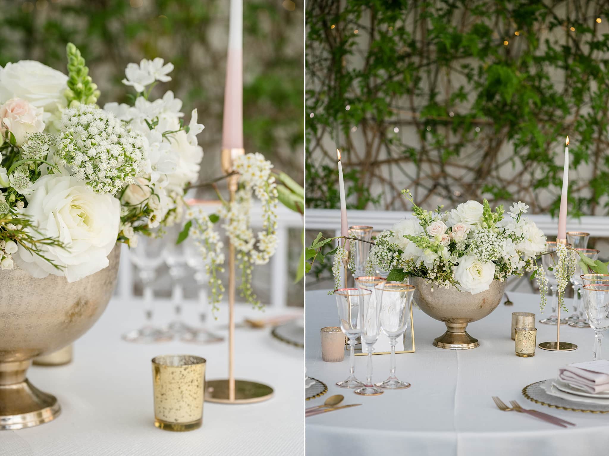 Green and white flowers in a gold bowl with gold rimmed glasses and chargers