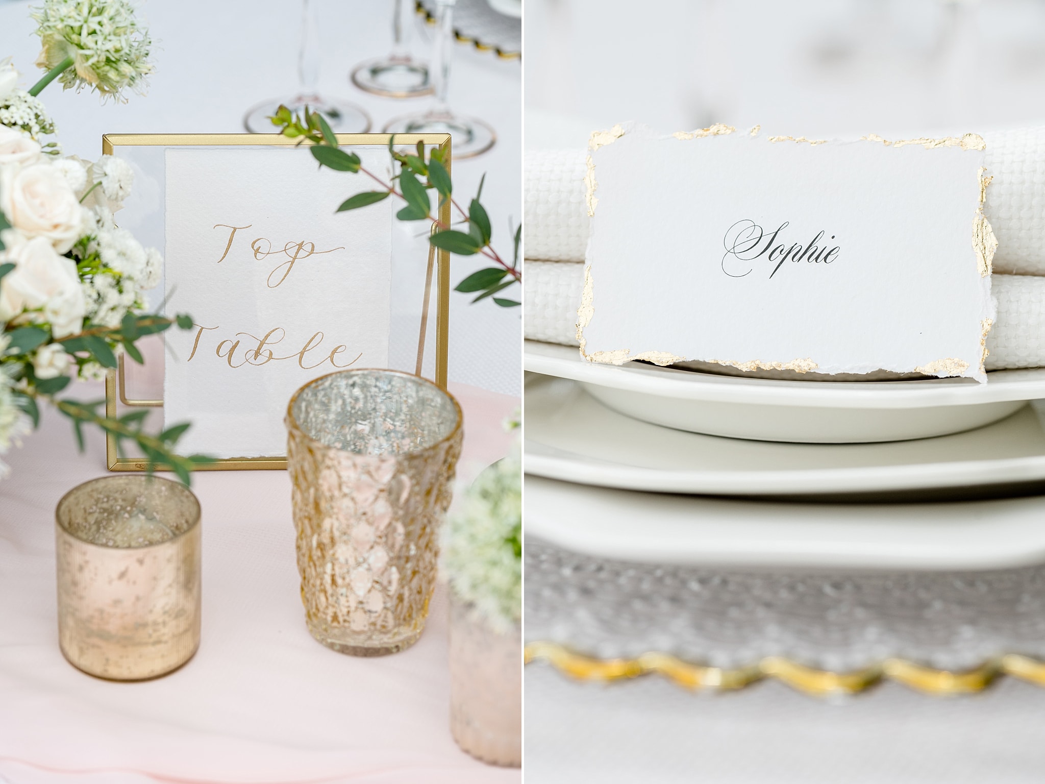 Gold leaf and deckled edge placename on top of layers of white crockery and linen