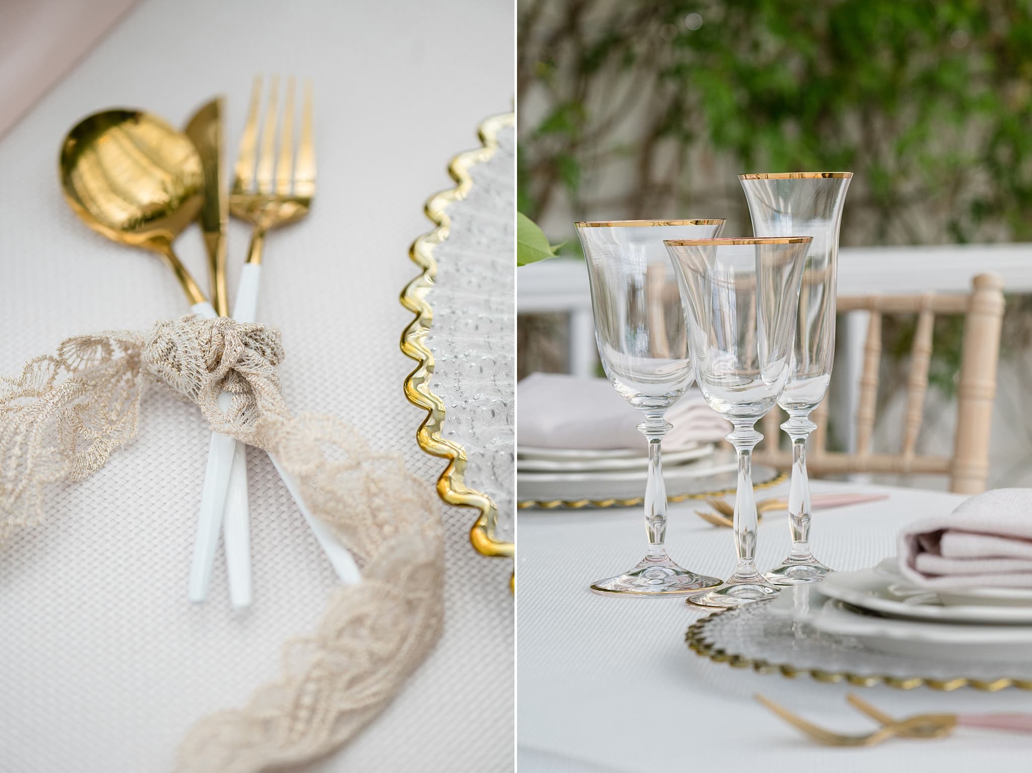 A set of three gold rimmed glasses and gold cutlery with white handles tied with antique coloured lace ribbon