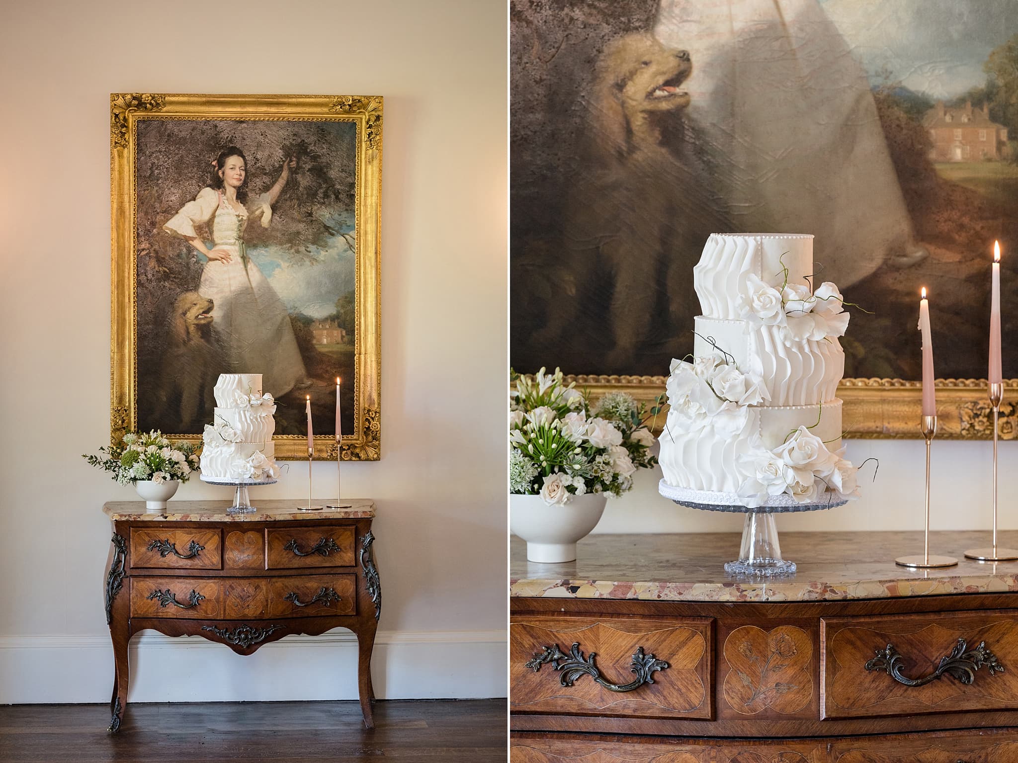 White wedding cake with wavy frills and sugar flowers on top of a vintage dresser in front of an antique painting at Sutton Bonington Hall