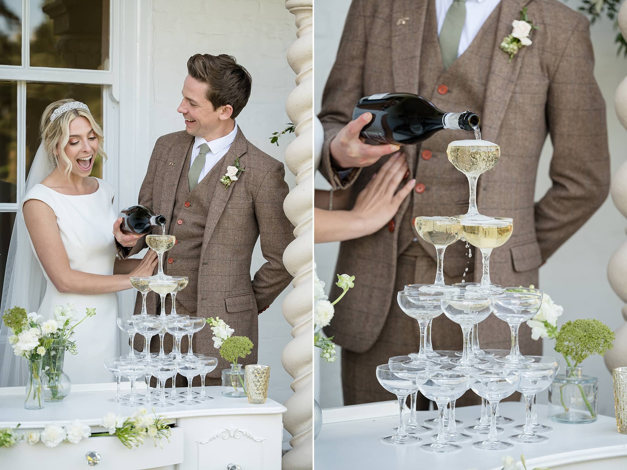 Bride and groom pouring a champagne tower outside at Sutton Bonington Hall