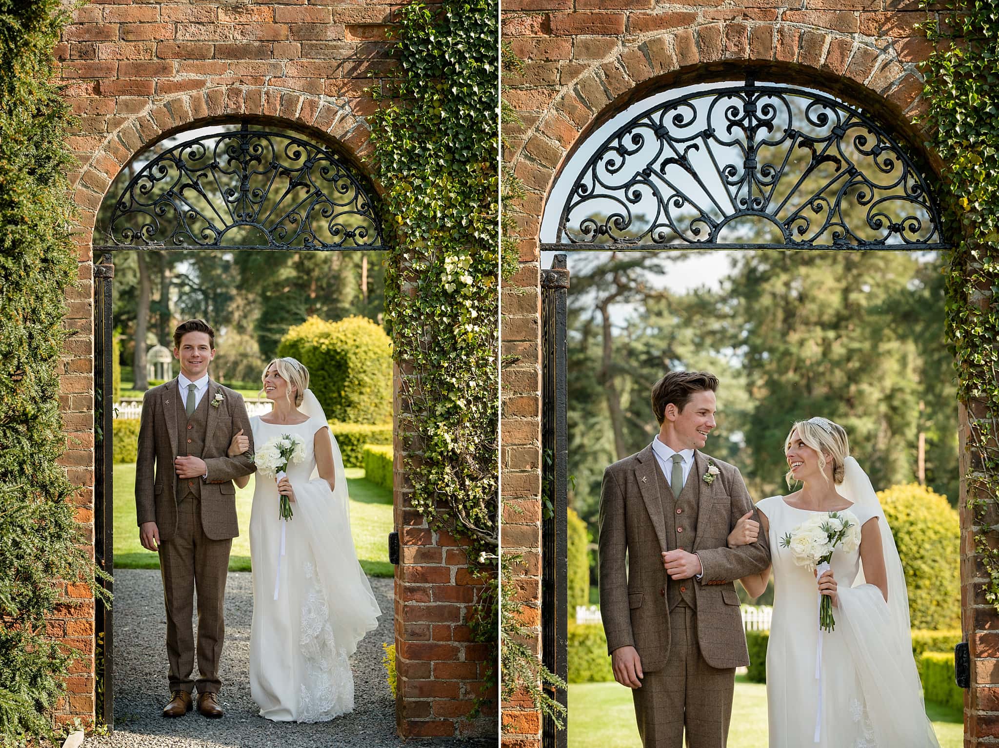 Bride and groom framed by a brick arch with a wrought iron gate at Sutton Bonington Hall