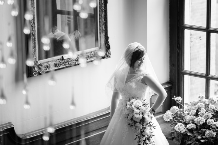 Bridal portrait on the staircase at Chicheley Hall