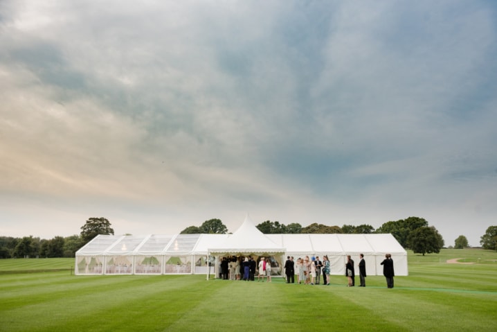 Marquee at Boughton House with a big sunset sky above