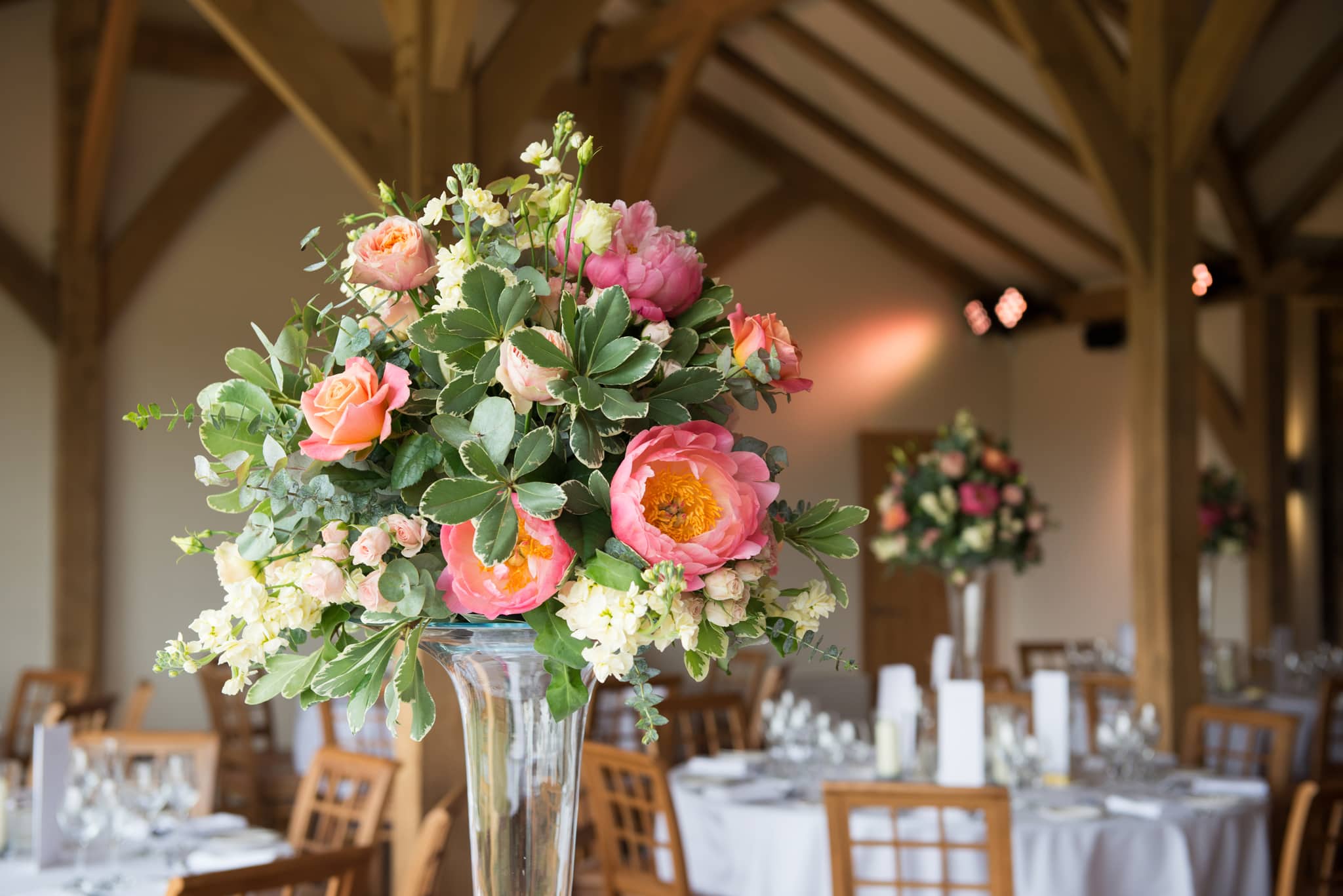 Peony table centre displays at Dodford Manor