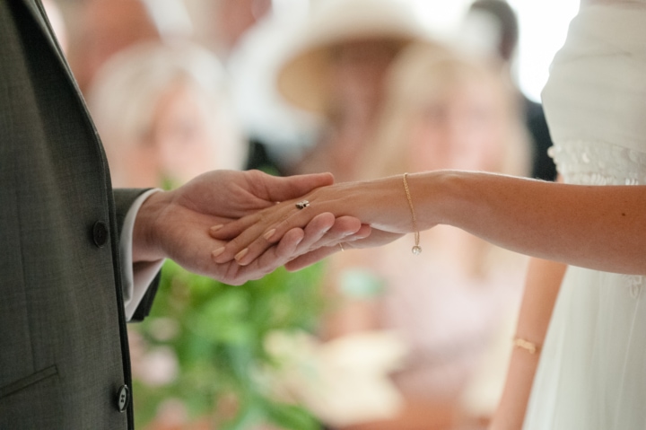 Close-up of bride and groom's hands as they make their marriage vows
