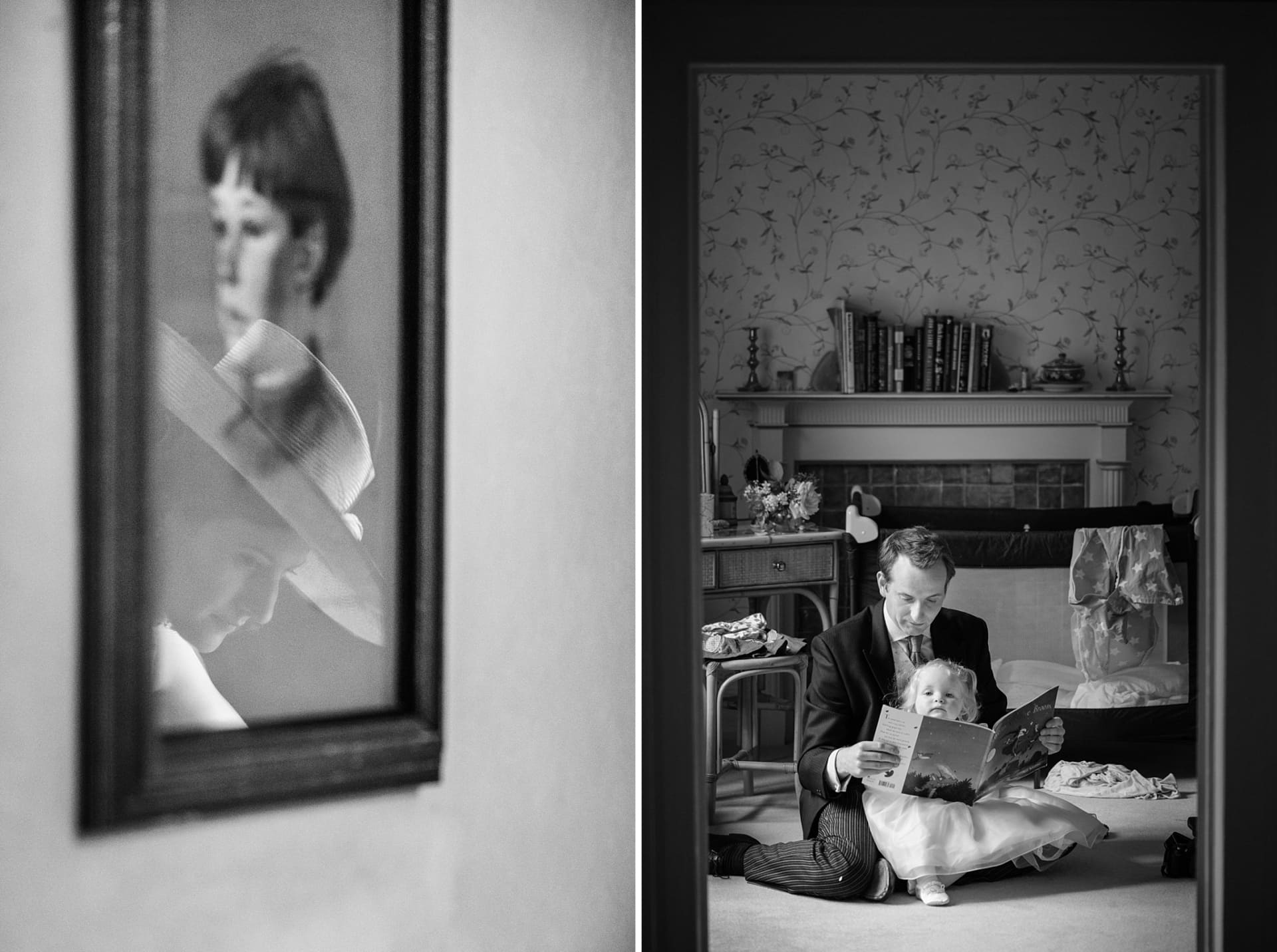 Two photos joined together: 1) Lady in a hat reflected in a picture frame and 2) man sitting on the floor reading to a little girl
