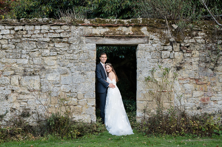 Bride and groom in the walled garden at Notley Abbey