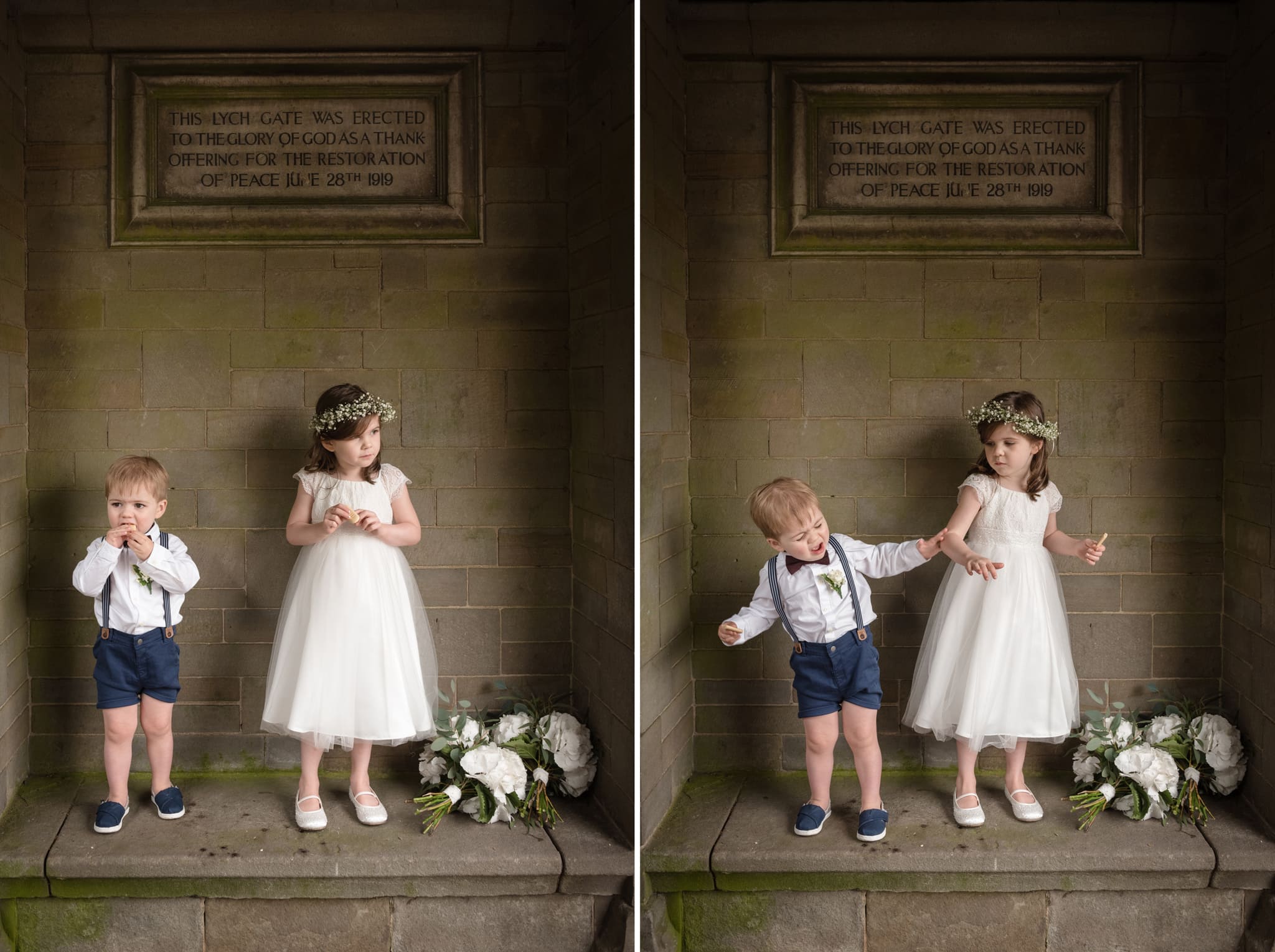 A flower girl and a page boy arguing over their biscuits