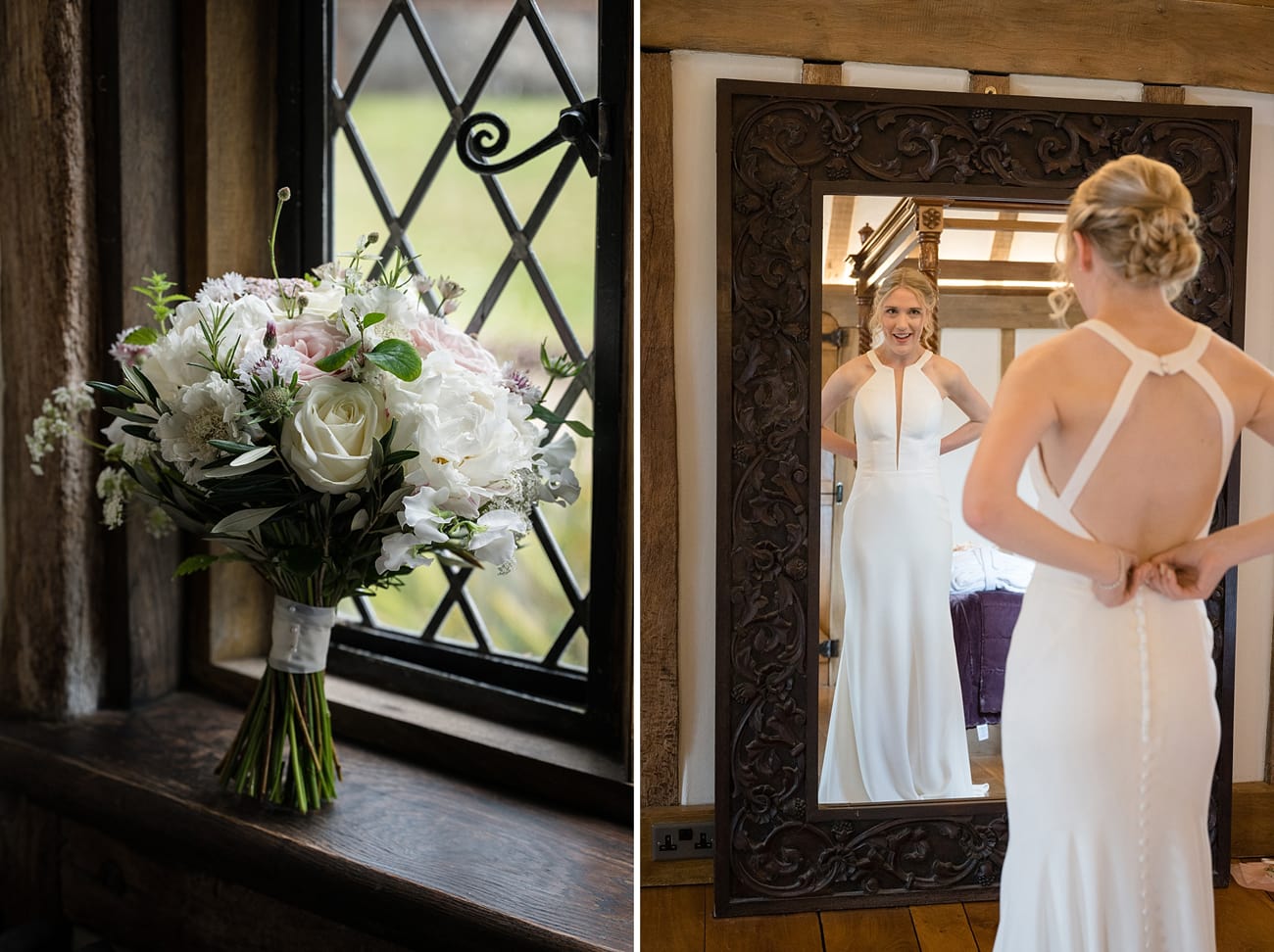 Bride looking in a mirror whilst doing up the buttons on her wedding dress