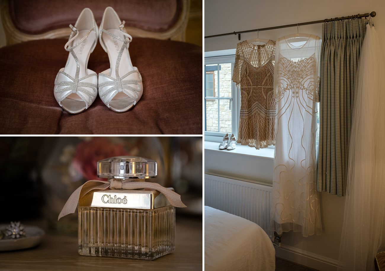 The bride's outfit details - a day dress, an evening dress, shoes, and perfume