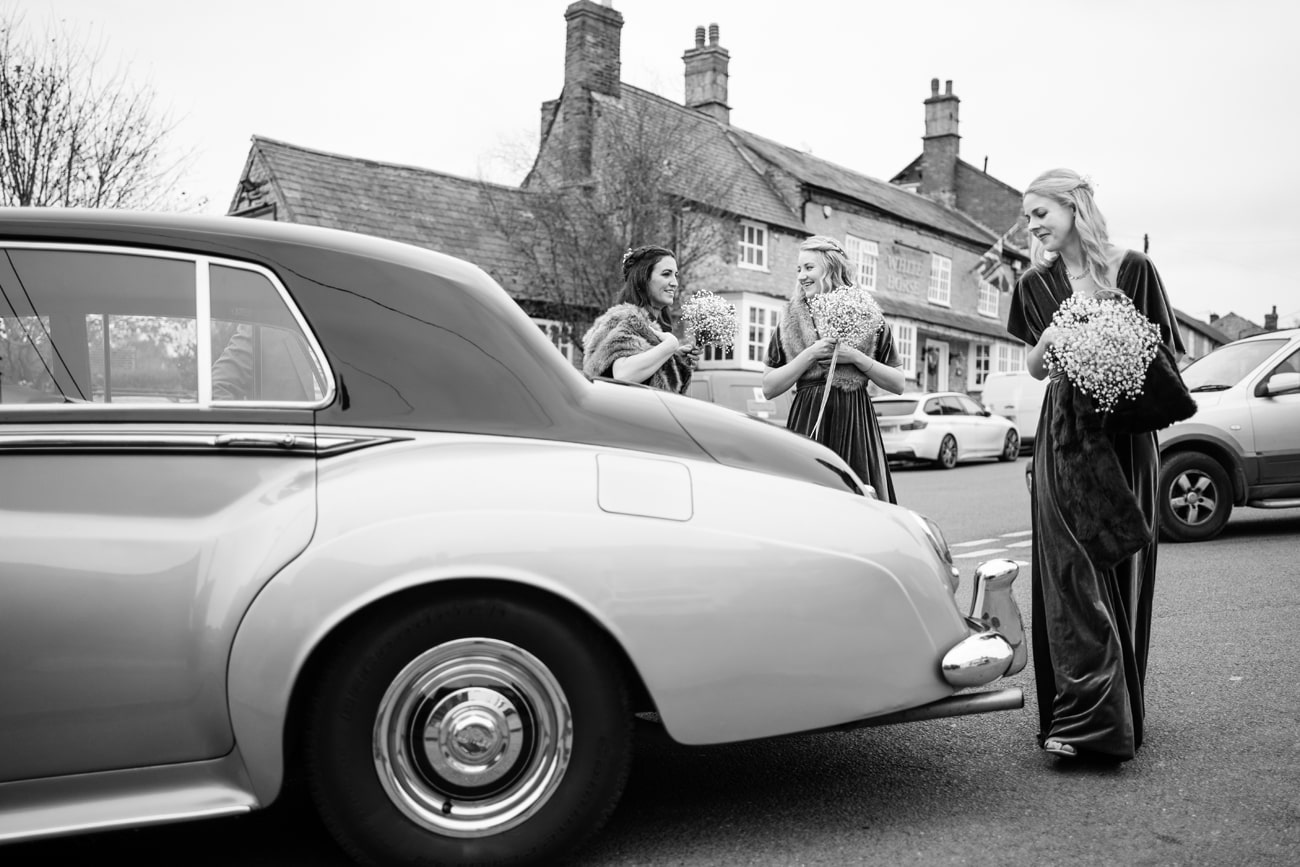 Bridesmaids arriving at Silverstone church