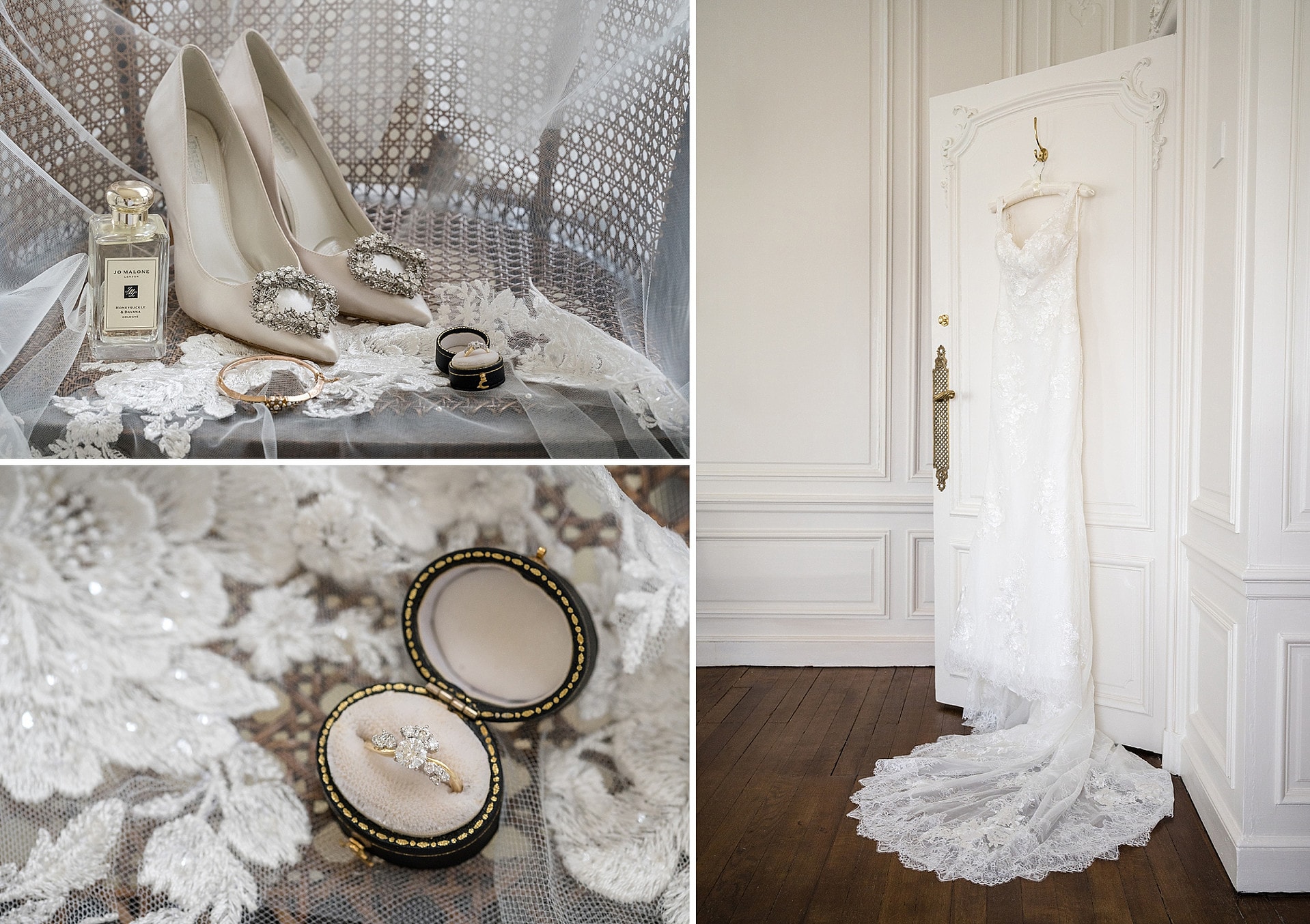 Bride's wedding dress, shoes, perfume and jewellery