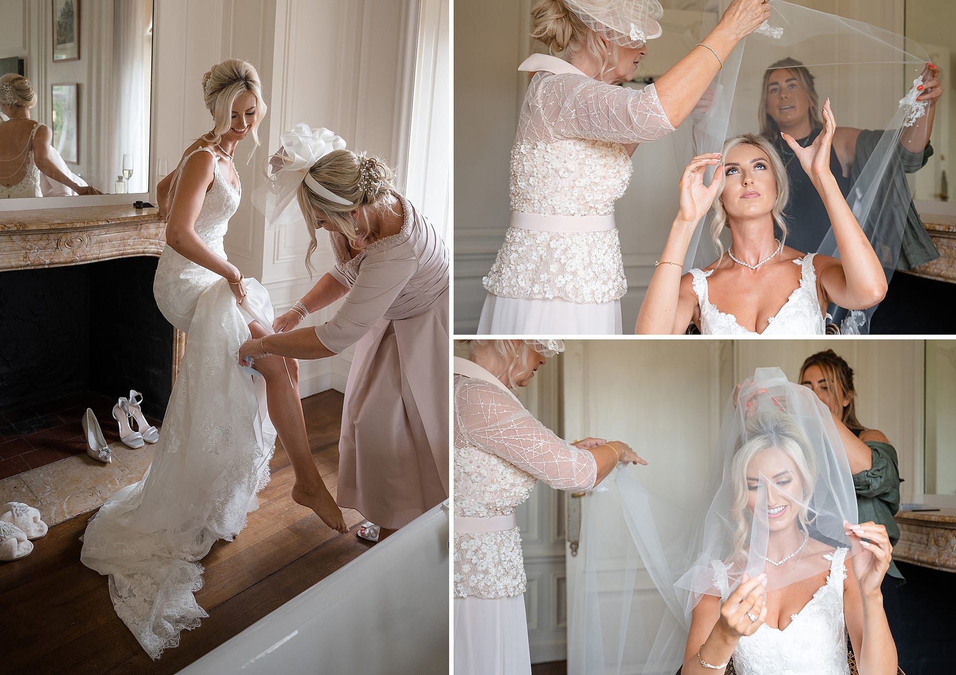 Bride putting her garter and veil on