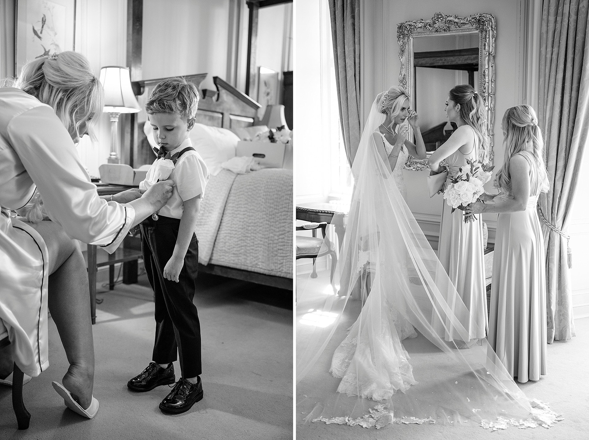 Pageboy getting his buttonhole pinned on and bride wiping a tear