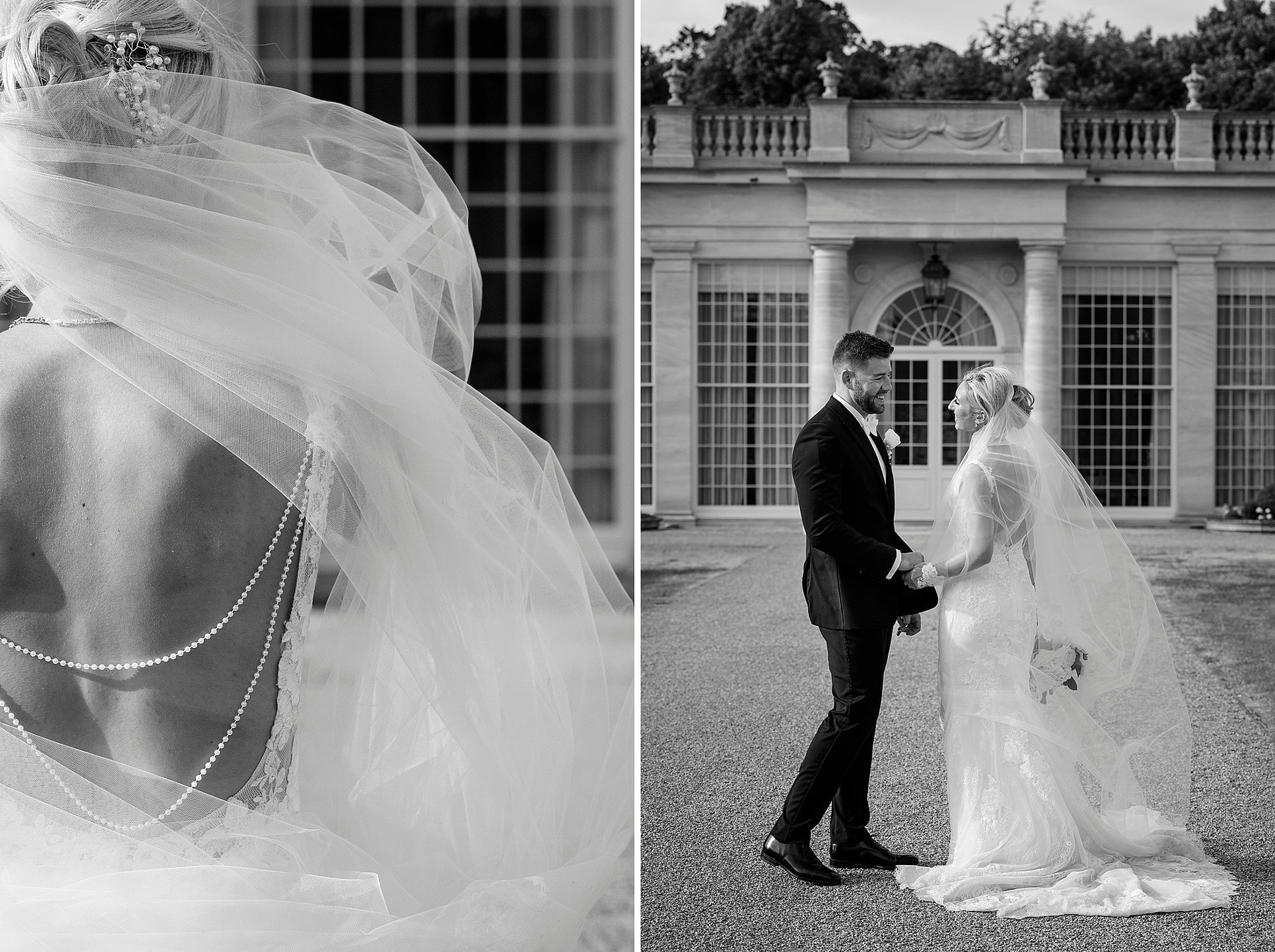 Natural posed photo of bride and groom in front of orangery