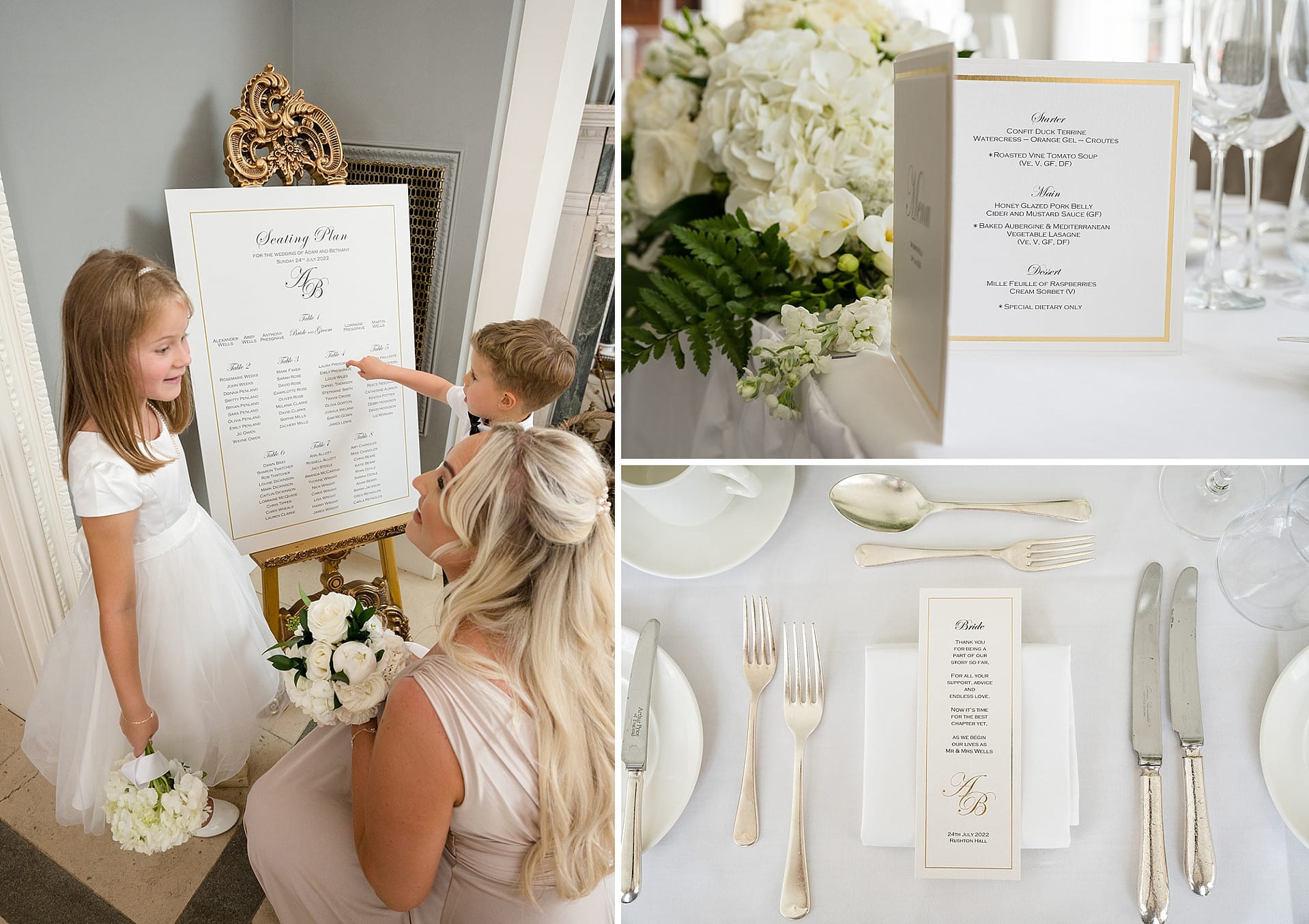 Chic white and gold tableplan, menu and placenames