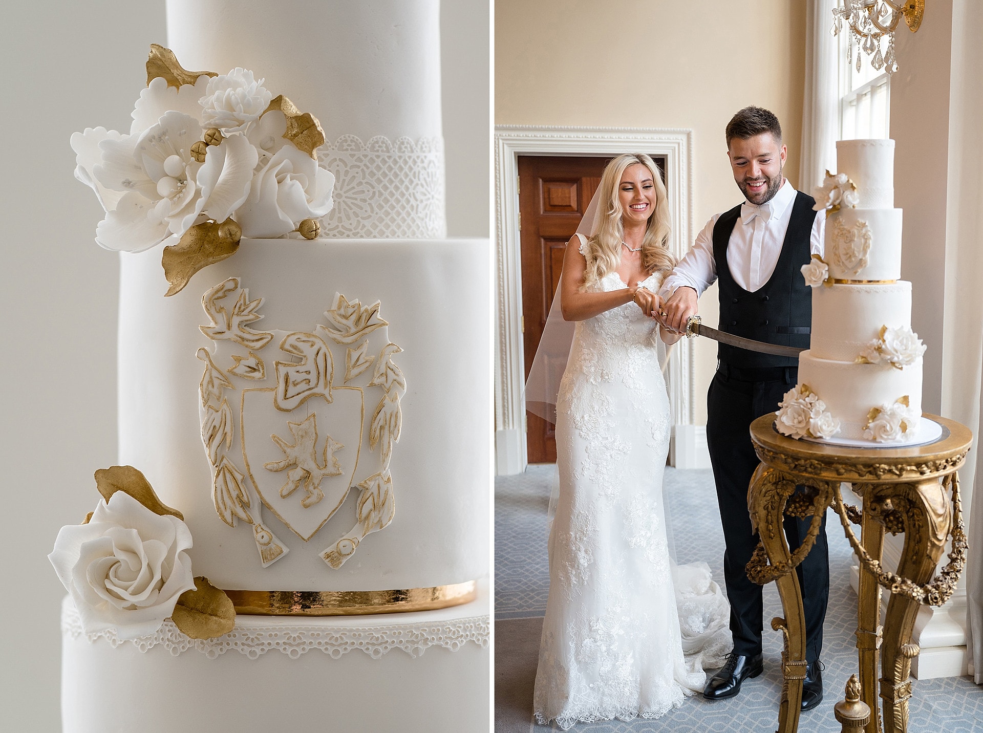 Bride and groom cutting a white and gold wedding cake with a sword