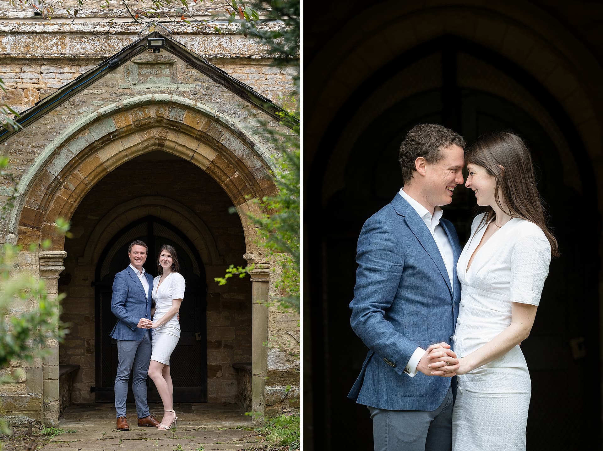 Engaged couple standing in the doorway of Courteenhall church