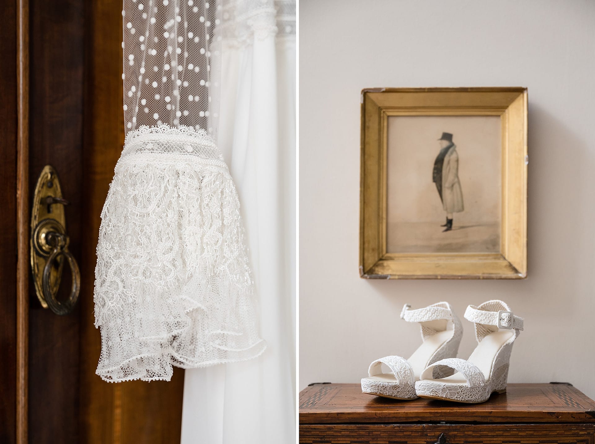 Bride's shoes on a vintage wooden chest