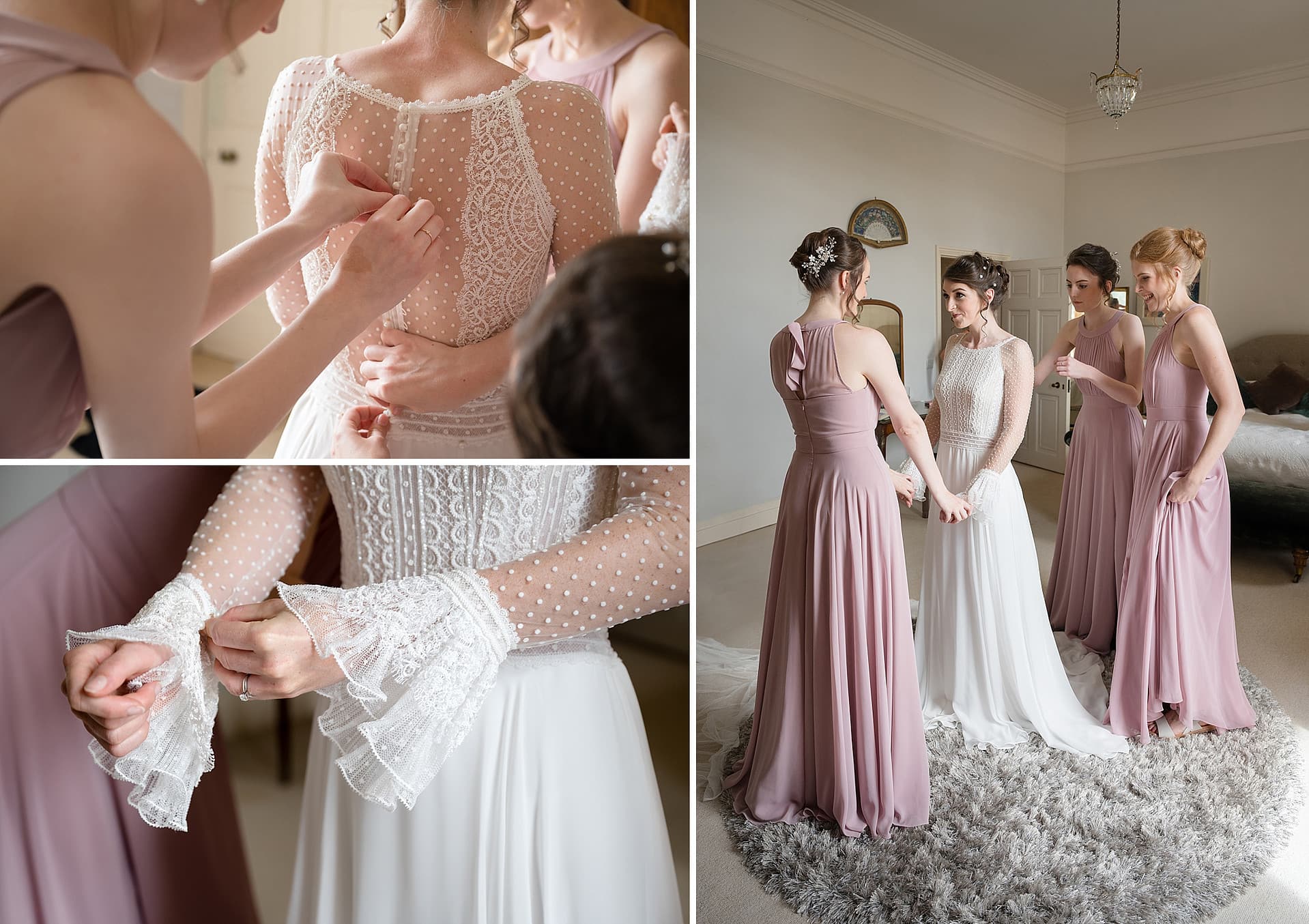Bridesmaids in dusky pink dresses helping the bride into her dress