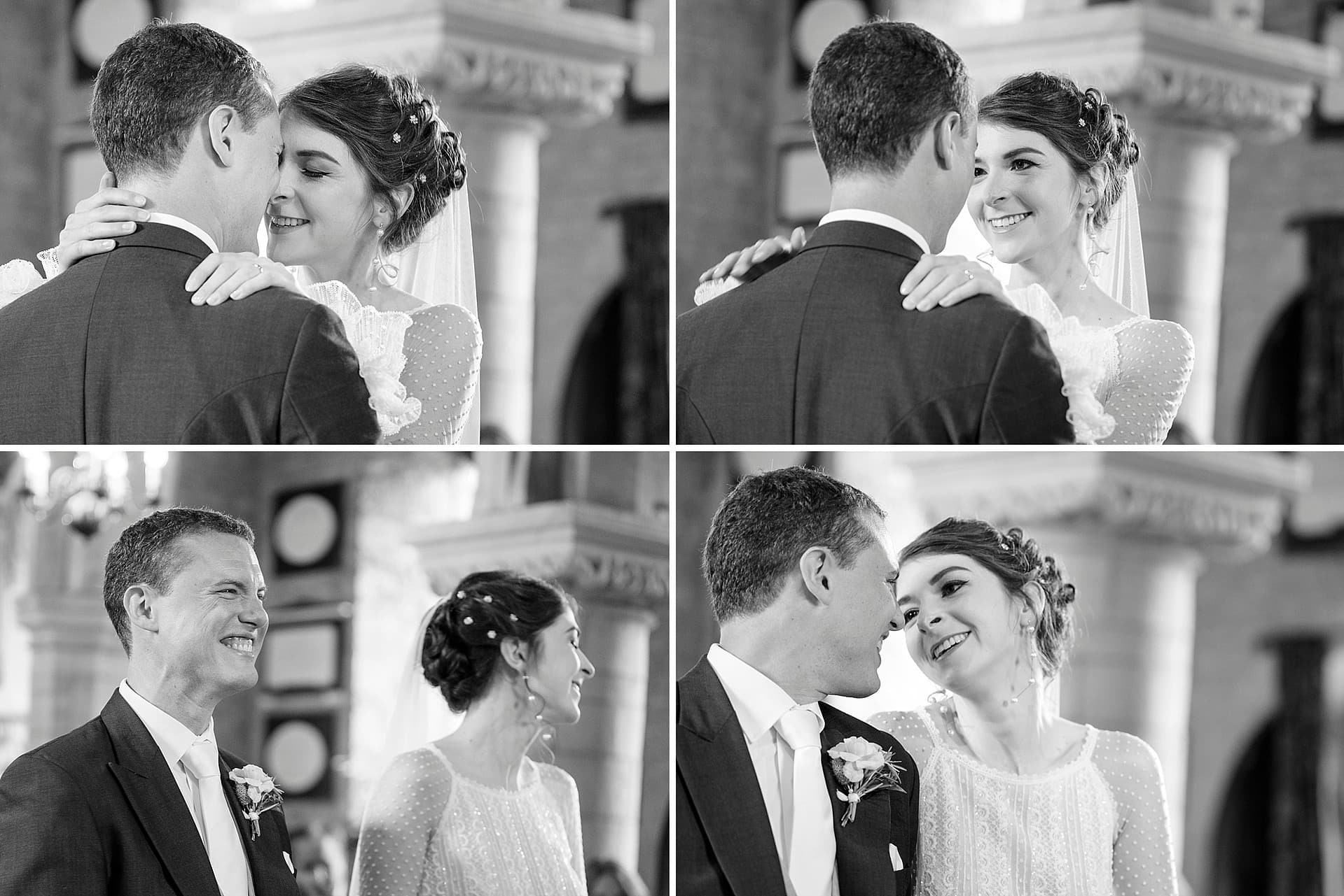 Close up pictures of the bride and groom's facial reactions as they're pronounced husband and wife