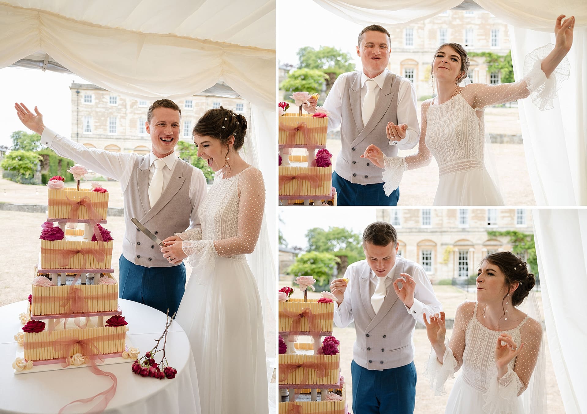 Bride and groom taste testing their wedding cake and giving a 'perfect' hand gesture in approval
