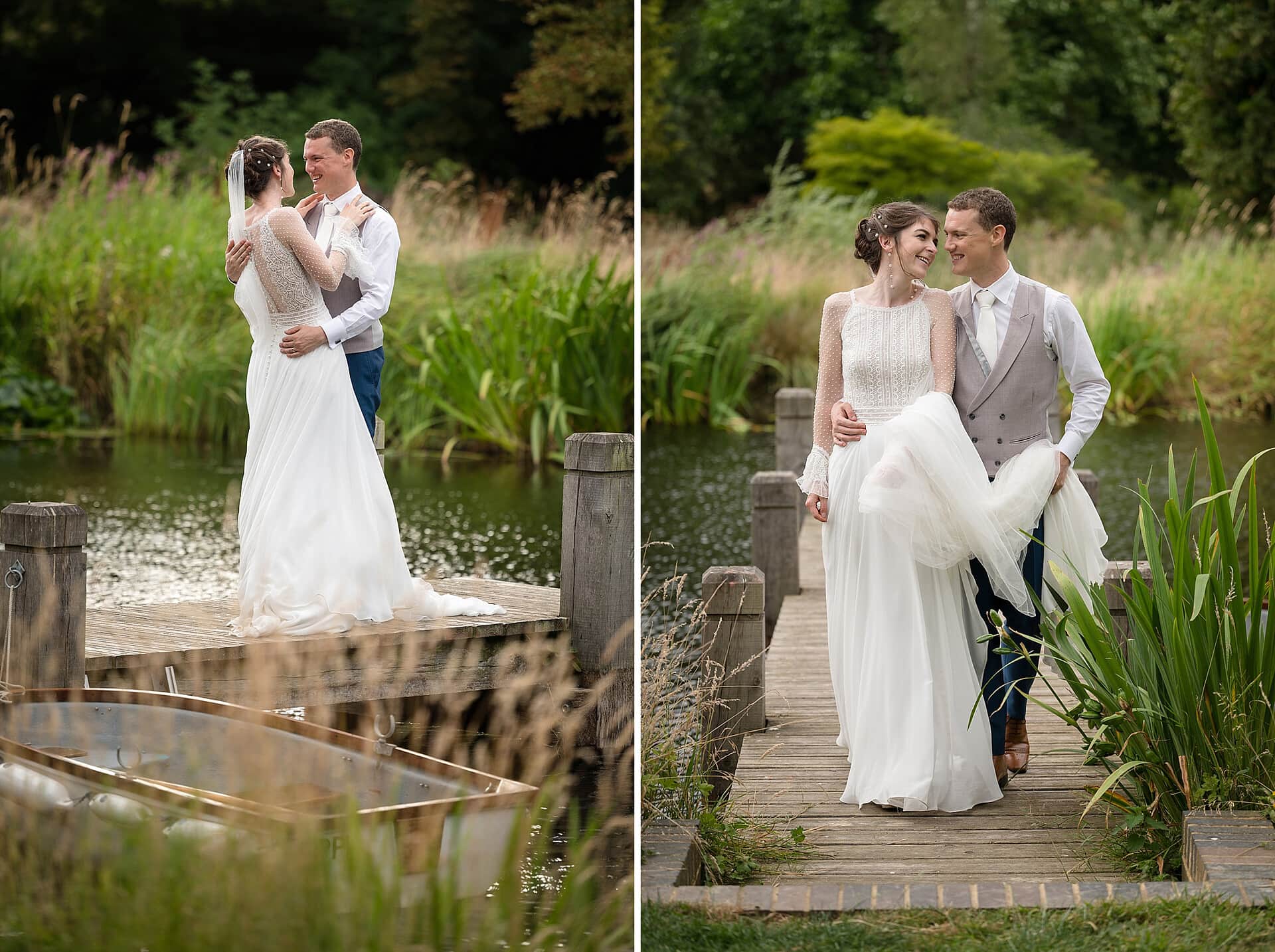Bride and groom standing on a wooden jetty on the lake at Courteenhall with a little rowing boat in the foreground