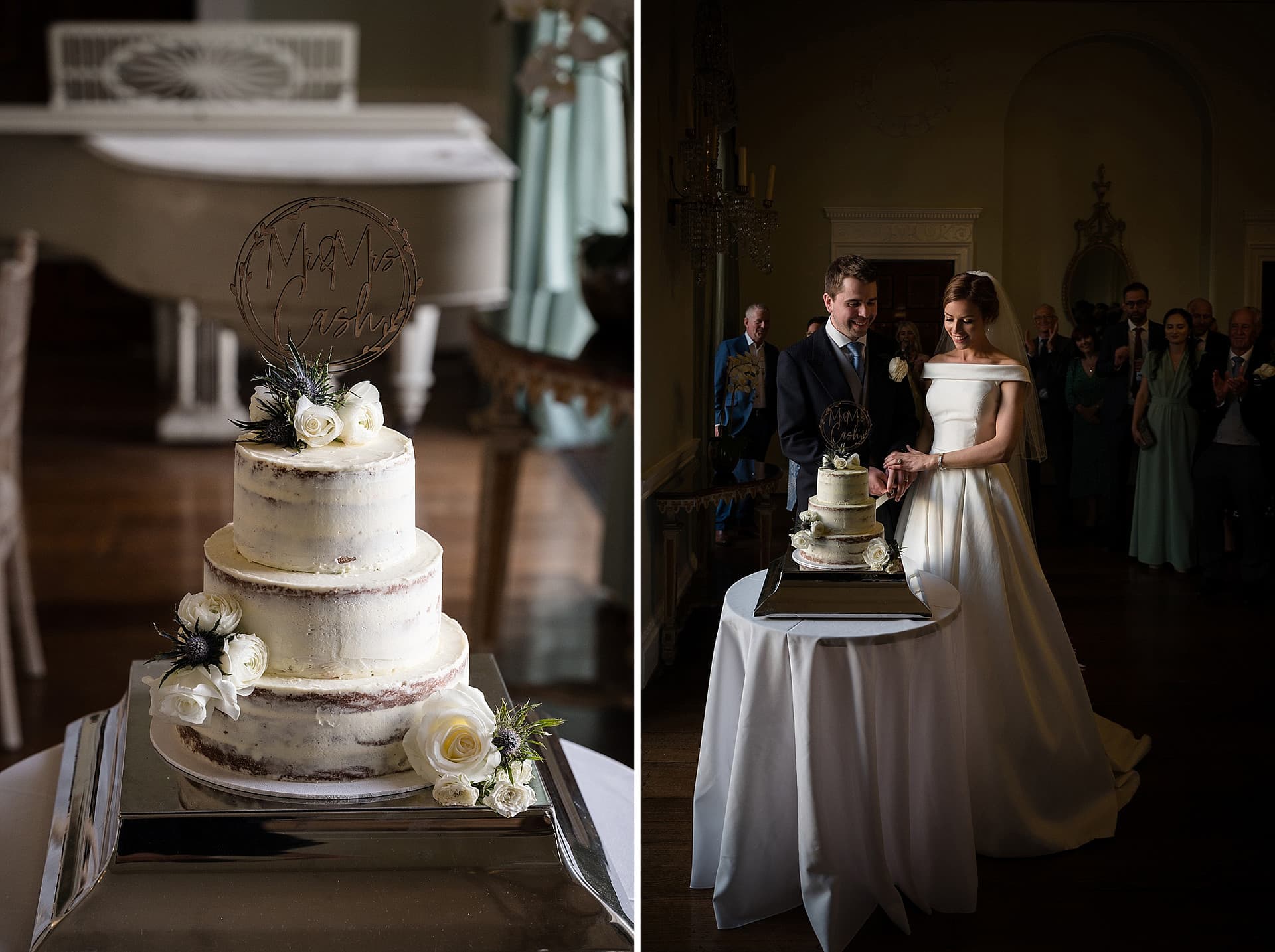 Bride and groom cutting their wedding cake in the saloon at Kelmarsh Hall