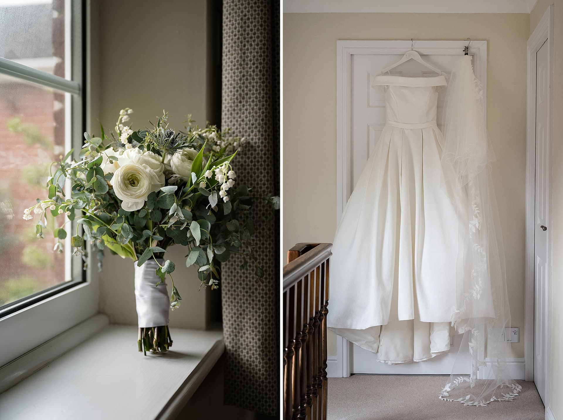 Bride's dress hanging on a door next to white flower bouquet on windowsill