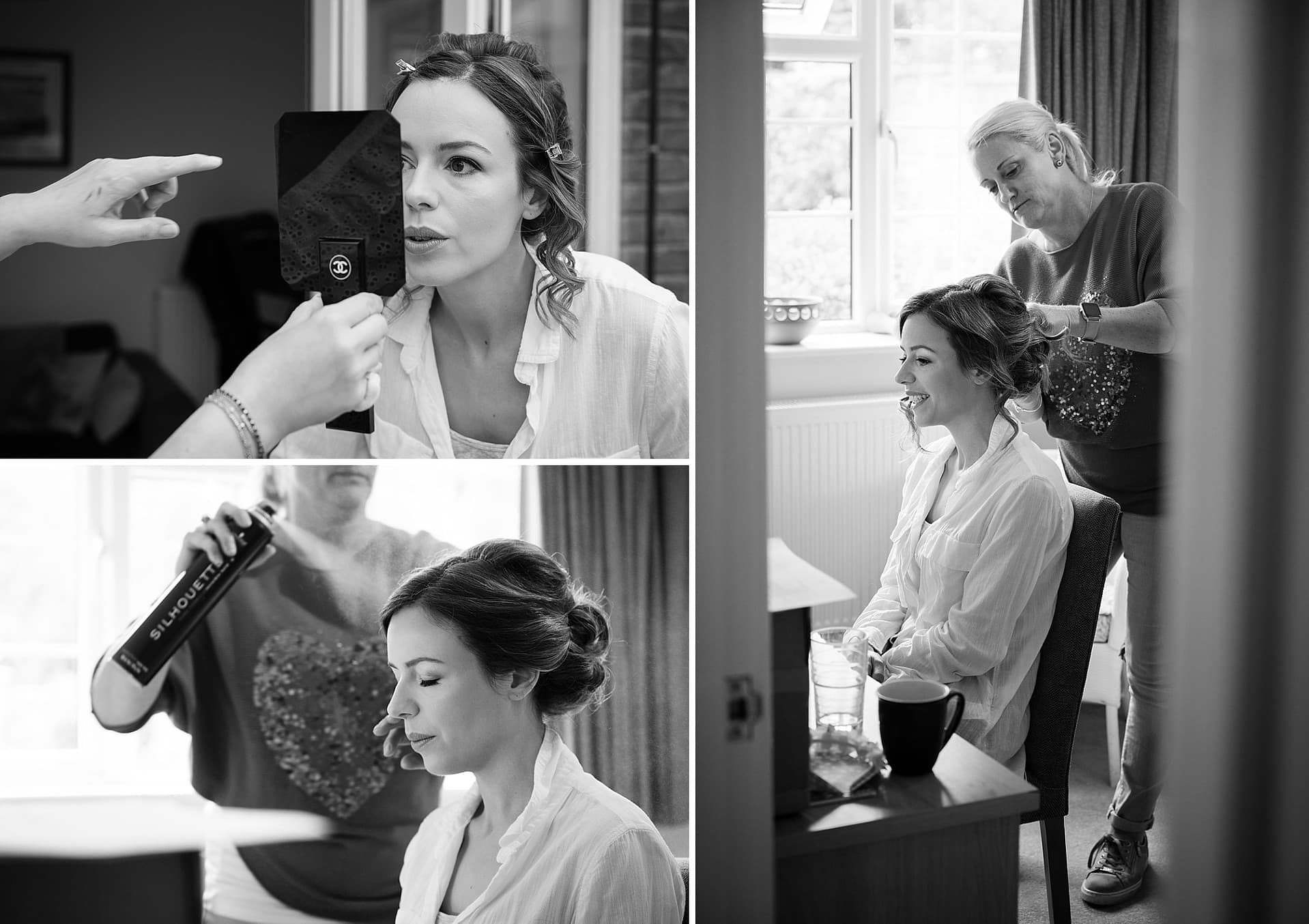 Montage of three photos of bride having her hair and makeup done