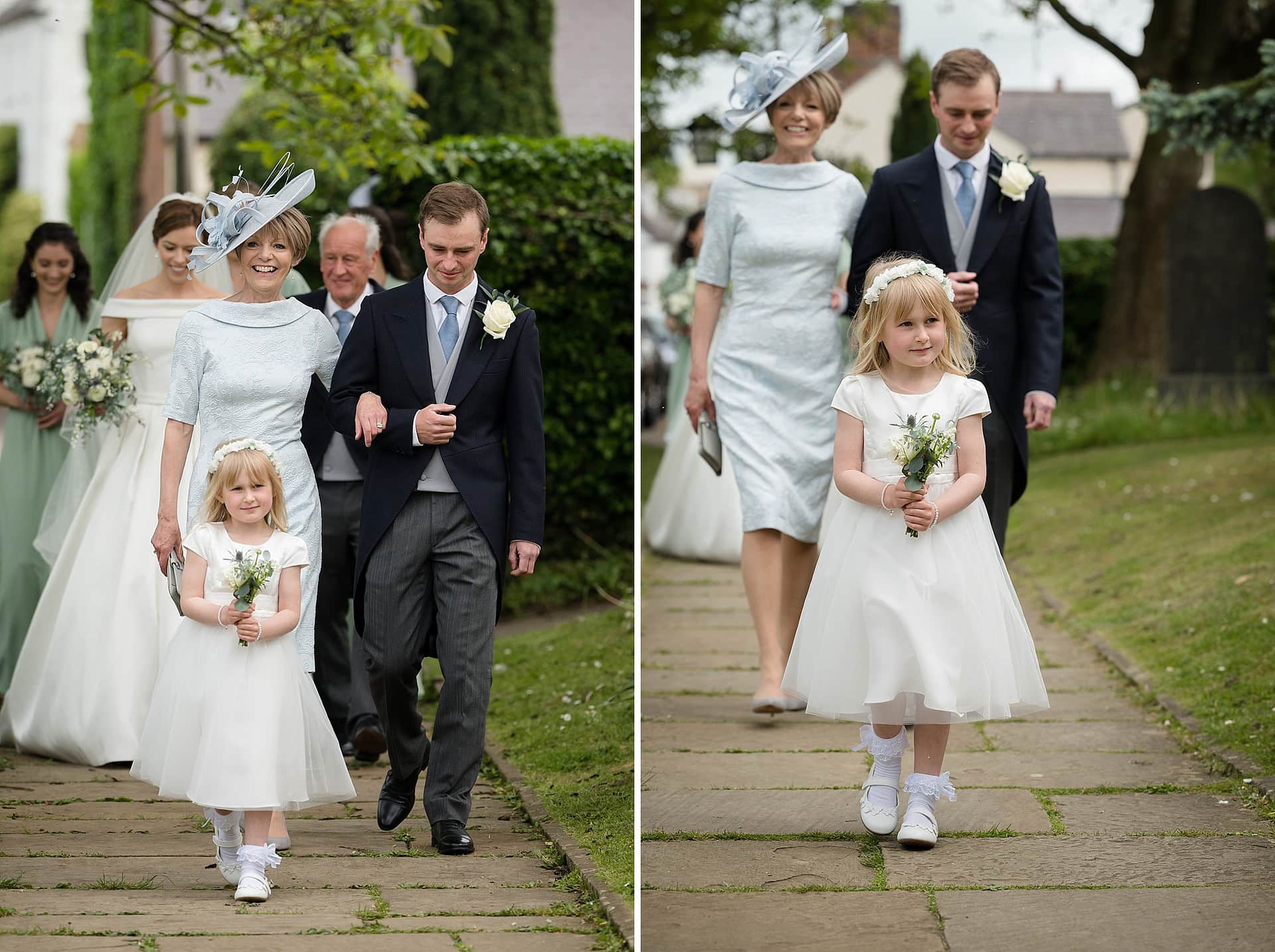 A flower girl and the bride's mum and brother walking down the church path