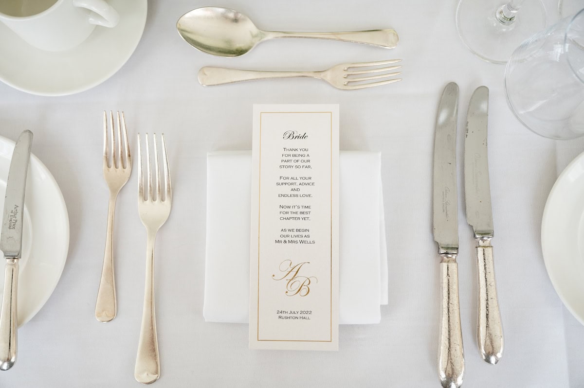 The bride's wedding breakfast placesetting with white and gold menu