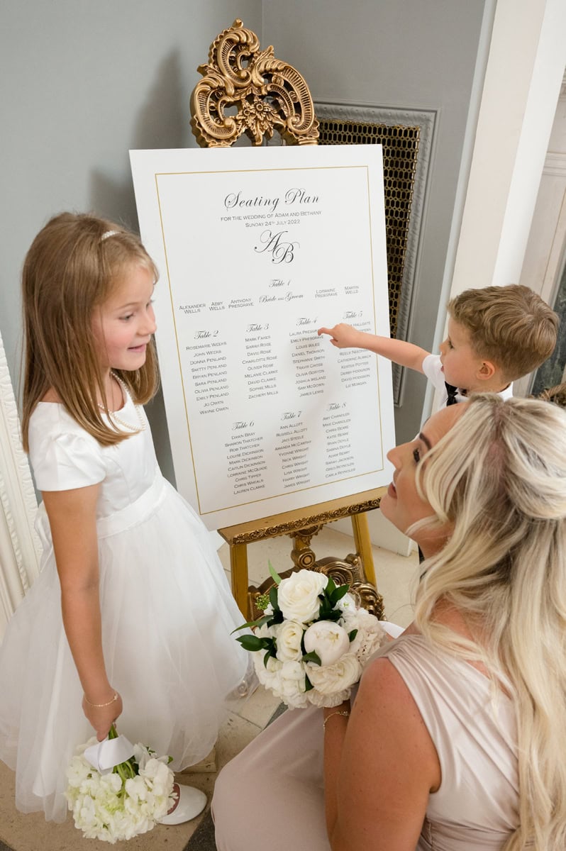 Bridesmaid, flower girl, and page boy looking at a wedding seating plan on an elaborate gold easel